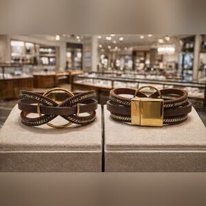 Layered Leather And Gold Magnetic Bracelet